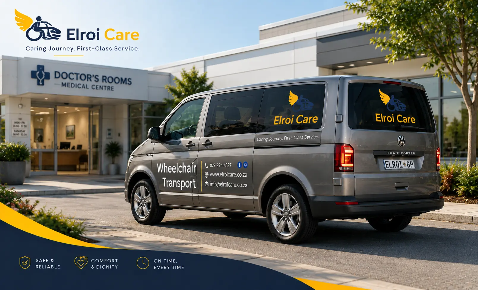 Elroi Care van outside a medical centre, ready for a doctor's appointment