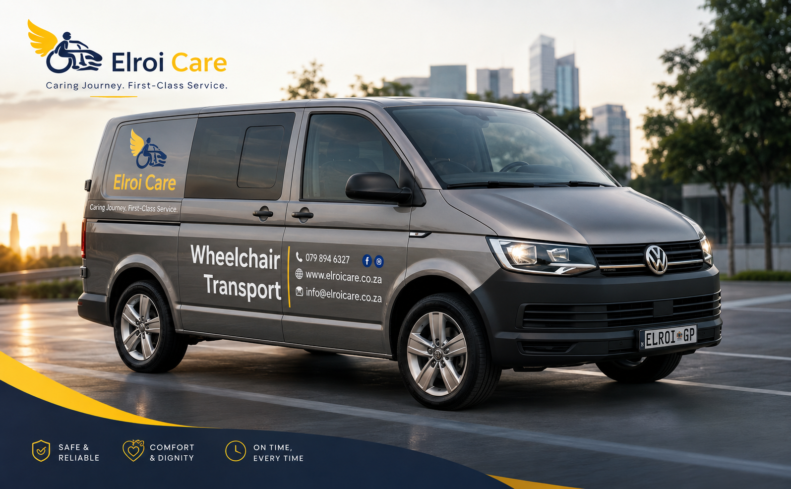 Elroi Care wheelchair-accessible Volkswagen Transporter at sunset
