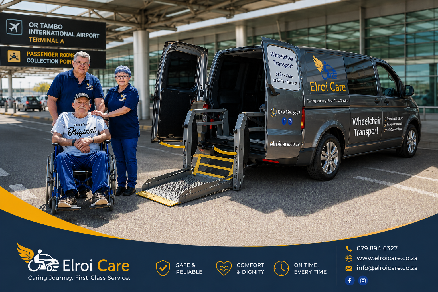 Elroi Care team assisting a wheelchair passenger onto the vehicle lift